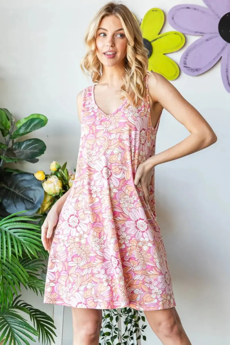 Heimish Full Size Floral V-Neck Tank Dress with Pockets - Love Salve